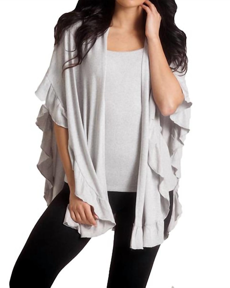 Front of a model wearing a size one-size-fits-all Supersoft Ruffle Wrap In Slate in Slate by french kyss. | dia_product_style_image_id:354618